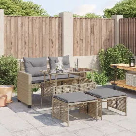    4 részes bézs polyrattan üveg kerti ülőgarnitúra párnákkal
