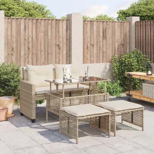  4 részes bézs polyrattan üveg kerti ülőgarnitúra párnákkal