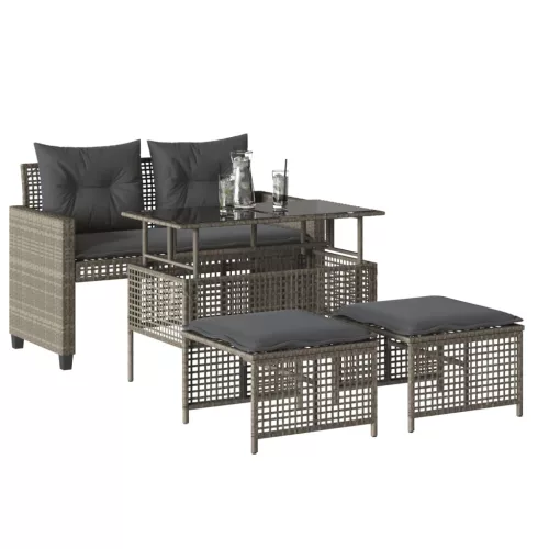  4 részes szürke polyrattan üveg kerti ülőgarnitúra párnákkal