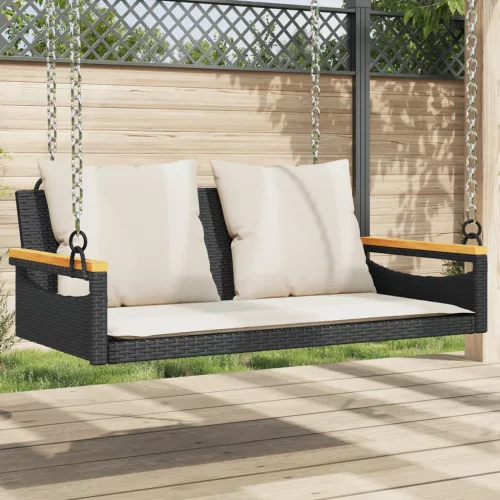  fekete polyrattan hintapad párnákkal 109 x 62 x 40 cm