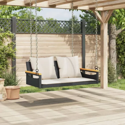  fekete polyrattan hintapad párnákkal 109 x 62 x 40 cm