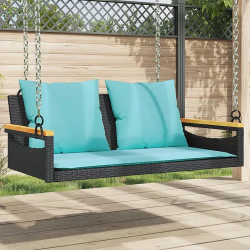  fekete polyrattan hintapad párnákkal 109 x 62 x 40 cm