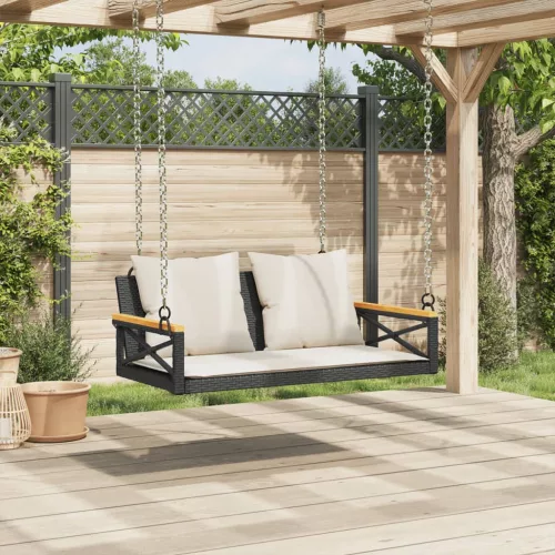  fekete polyrattan hintapad párnákkal 109 x 62 x 40 cm