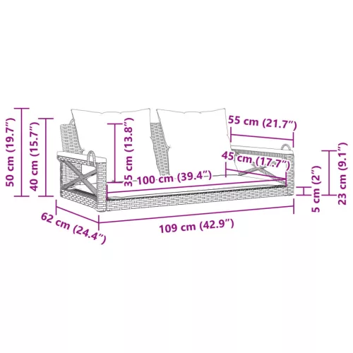  fekete polyrattan hintapad párnákkal 109 x 62 x 40 cm