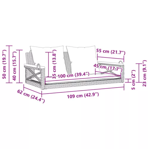  barna polyrattan hintapad párnákkal 109 x 62 x 40 cm