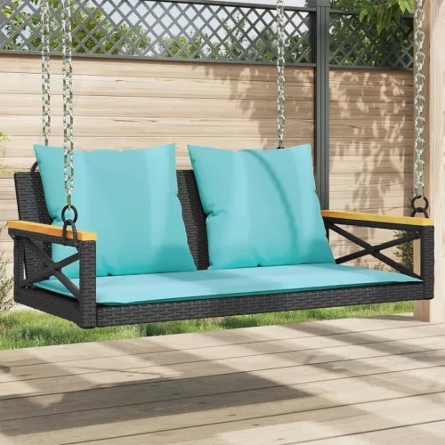  fekete polyrattan hintapad párnákkal 109 x 62 x 40 cm