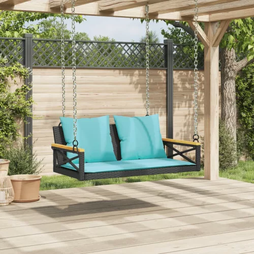  fekete polyrattan hintapad párnákkal 109 x 62 x 40 cm