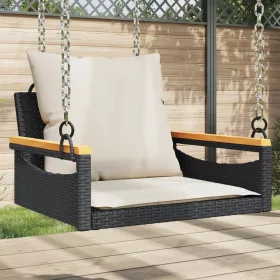  fekete polyrattan hintapad párnákkal 63 x 62 x 40 cm