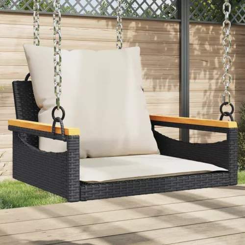  fekete polyrattan hintapad párnákkal 63 x 62 x 40 cm
