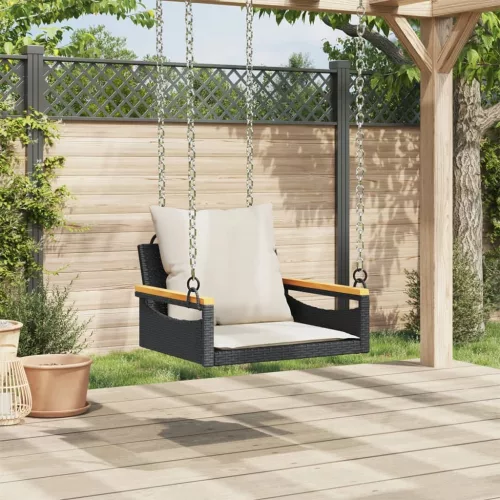  fekete polyrattan hintapad párnákkal 63 x 62 x 40 cm