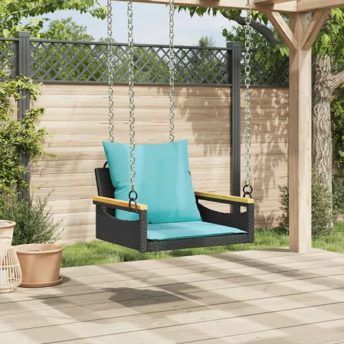  fekete polyrattan hintapad párnákkal 63 x 62 x 40 cm