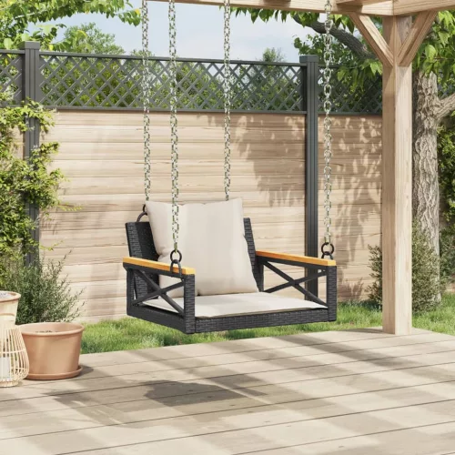  fekete polyrattan hintapad párnákkal 63 x 62 x 40 cm
