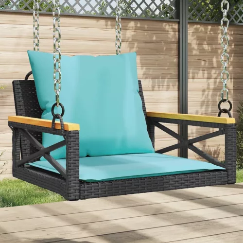  fekete polyrattan hintapad párnákkal 63 x 62 x 40 cm