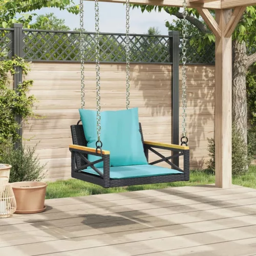  fekete polyrattan hintapad párnákkal 63 x 62 x 40 cm
