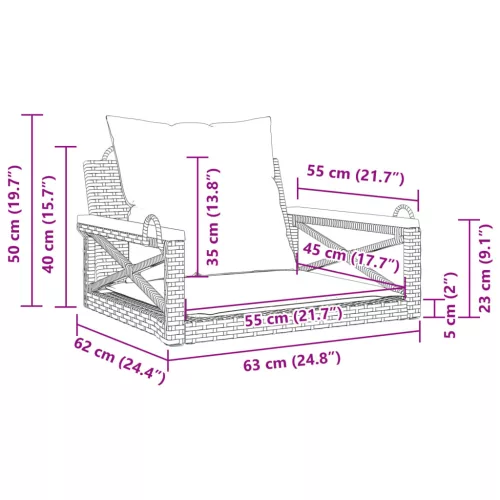  fekete polyrattan hintapad párnákkal 63 x 62 x 40 cm