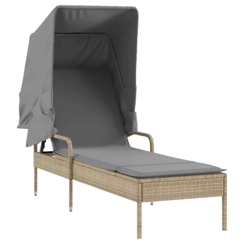  bézs polyrattan napozóágy tetővel