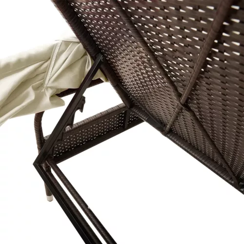  barna polyrattan napozóágy tetővel és asztallal