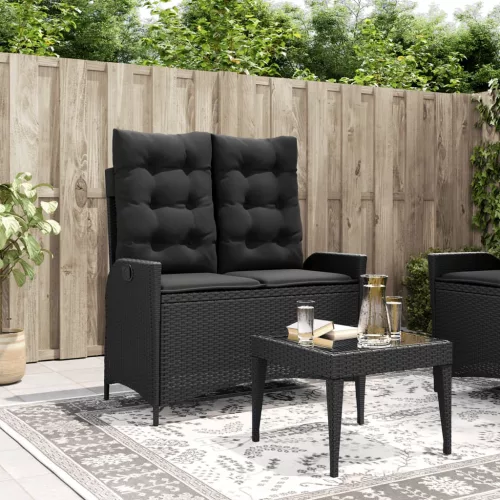  fekete polyrattan dönthető kerti pad párnával