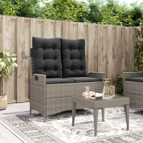  szürke polyrattan dönthető kerti pad párnával