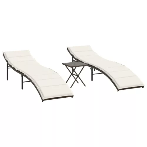  2 db barna polyrattan napozóágy asztallal