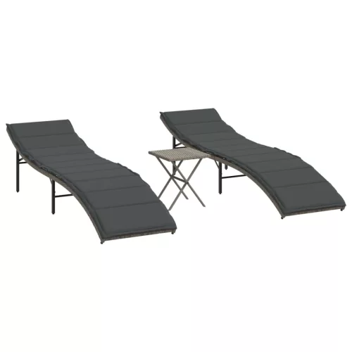  2 db szürke polyrattan napozóágy asztallal