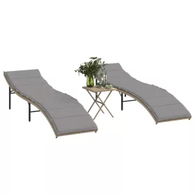  2 db bézs polyrattan napozóágy asztallal