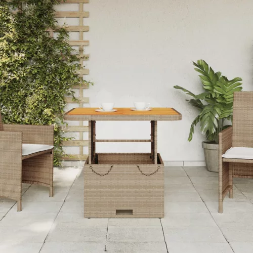  bézs polyrattan és akácfa kerti asztal 80 x 80 x 71 cm