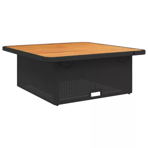  fekete polyrattan és akácfa kerti asztal 110 x 110 x 71 cm
