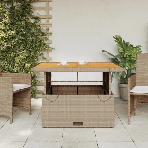  bézs polyrattan és akácfa kerti asztal 110 x 110 x 71 cm