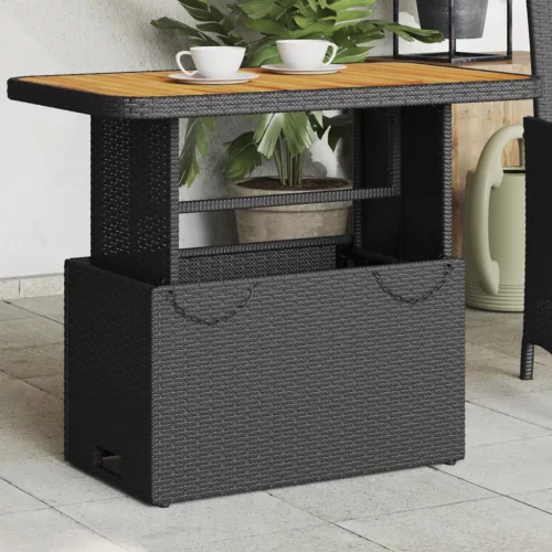  fekete polyrattan és akácfa kerti asztal 90 x 55 x 71 cm
