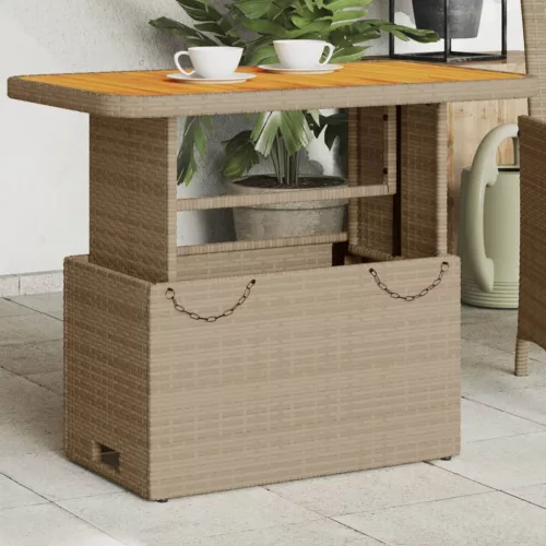  bézs polyrattan és akácfa kerti asztal 90 x 55 x 71 cm