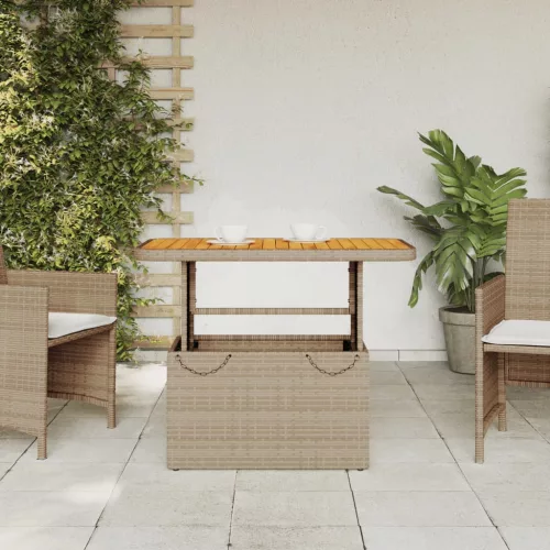 bézs polyrattan és akácfa kerti asztal 90 x 55 x 71 cm