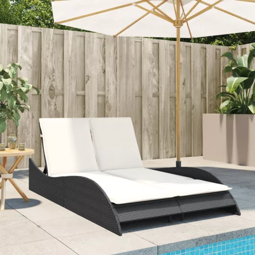  fekete polyrattan napozóágy párnákkal 114x205x73 cm