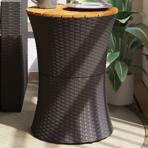  fekete polyrattan és tömör fa kerti dob alakú kisasztal