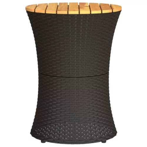  fekete polyrattan és tömör fa kerti dob alakú kisasztal