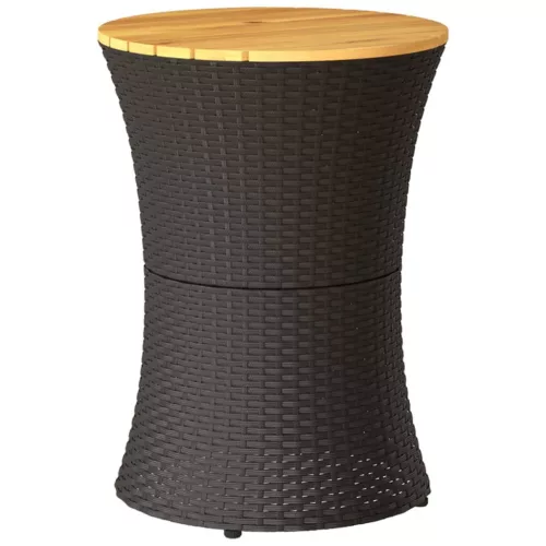  fekete polyrattan és tömör fa kerti dob alakú kisasztal