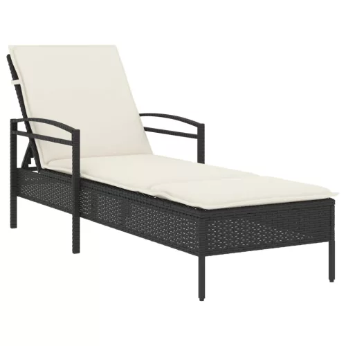  fekete polyrattan napozóágy párnával 63x200x81 cm