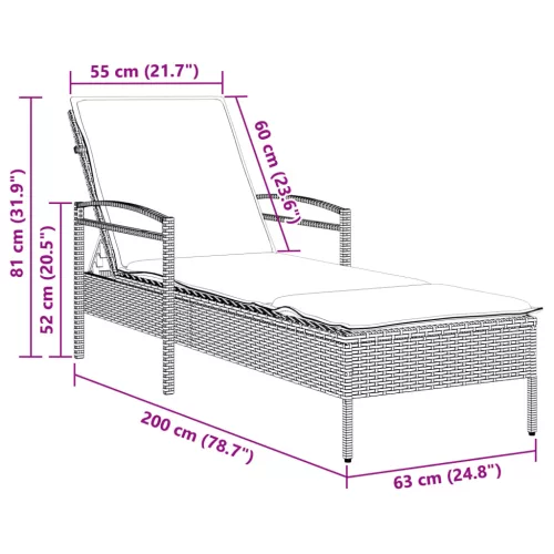  barna polyrattan napozóágy párnával 63x200x81 cm