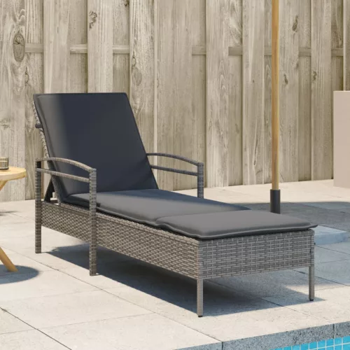  szürke polyrattan napozóágy párnával 63x200x81 cm