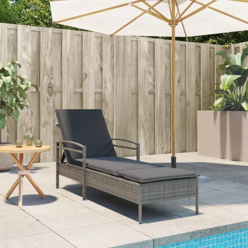  szürke polyrattan napozóágy párnával 63x200x81 cm