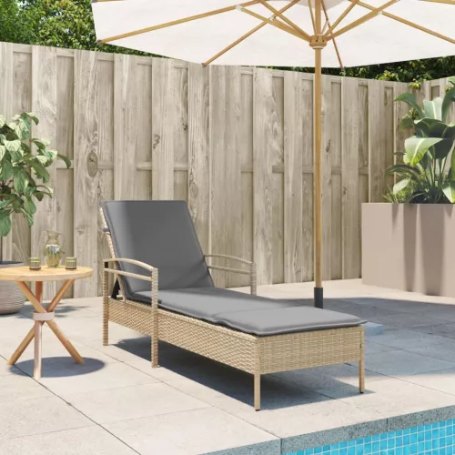  bézs polyrattan napozóágy párnával 63x200x81 cm