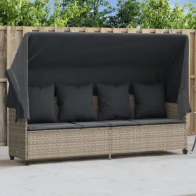   világosszürke polyrattan napozóágy tetővel és párnával