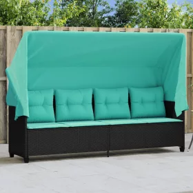  fekete polyrattan napozóágy tetővel és párnával