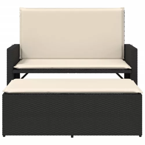  fekete polyrattan kerti pad párnákkal és lábtartóval