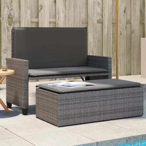  szürke polyrattan kerti pad párnával és lábtartóval