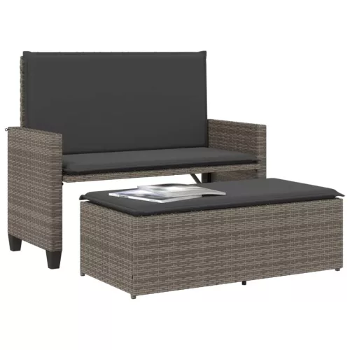  szürke polyrattan kerti pad párnával és lábtartóval