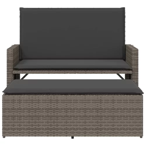  szürke polyrattan kerti pad párnával és lábtartóval