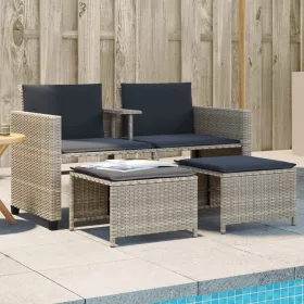    2 személyes szürke polyrattan kerti kanapé asztallal/székkel
