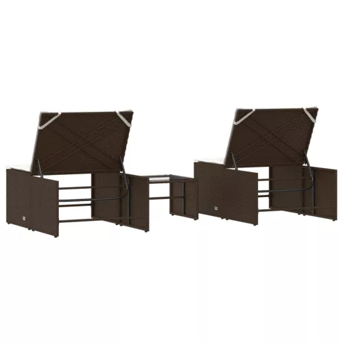  2 db barna polyrattan napozóágy asztallal