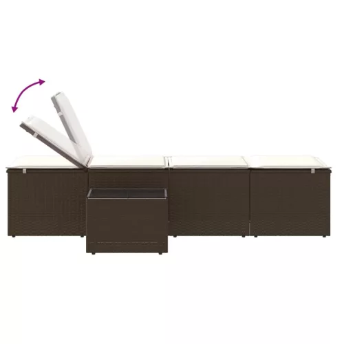  2 db barna polyrattan napozóágy asztallal